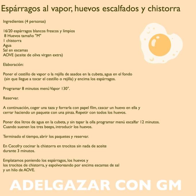 esparragos al vapor, huevos escalfados y chistorra